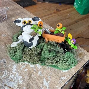 Cow and Garden Figurine with Flowers